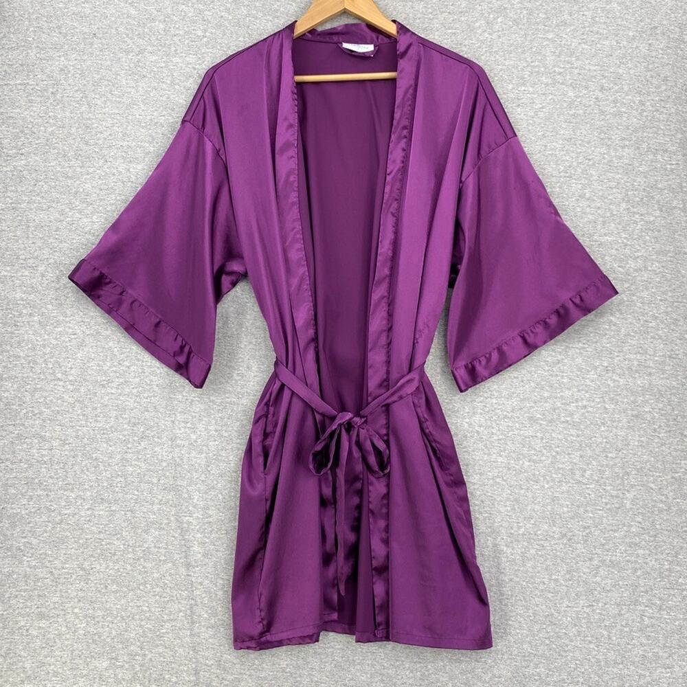 Turquaz Robe Womens Large Purple Linen Kimono Short Sleeve Belted Silky